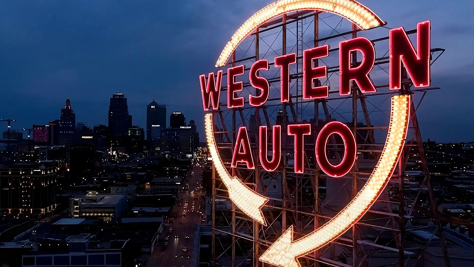 Aerial drone shot of Kansas City featuring the Western Auto sign